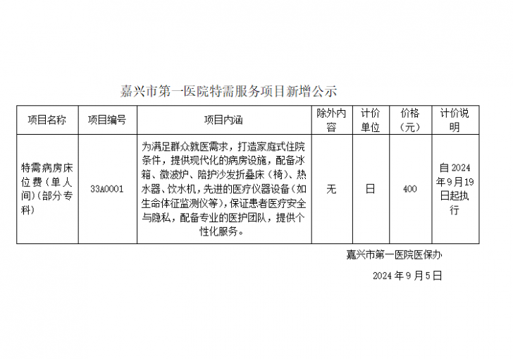 嘉興市第一醫院特需服務項目新增公示(特需病房床位費(單人間)).png